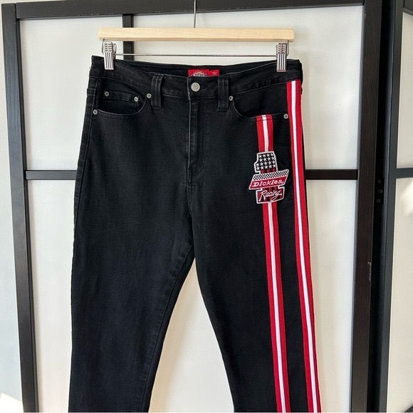 Dickies Faded Black Denim Red & White Racing Stripe Distressed Skinny Jean - Picture 2 of 9